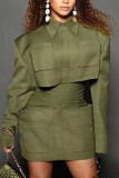 Army Green Street Solid Split Joint Turndown Collar Pencil Skirt Dresses