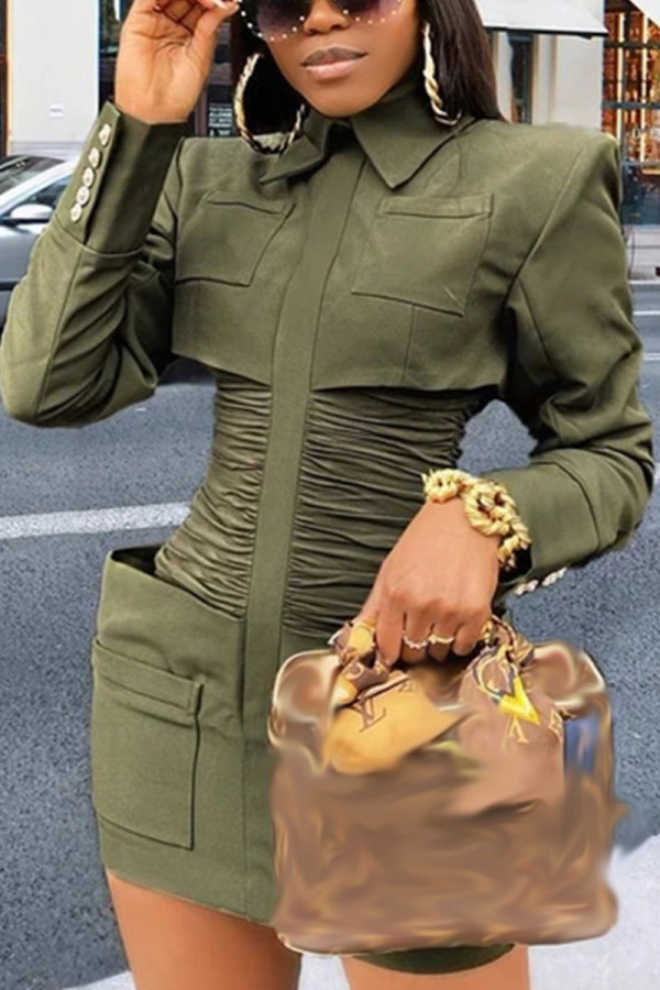 Army Green Street Solid Split Joint Turndown Collar Pencil Skirt Dresses