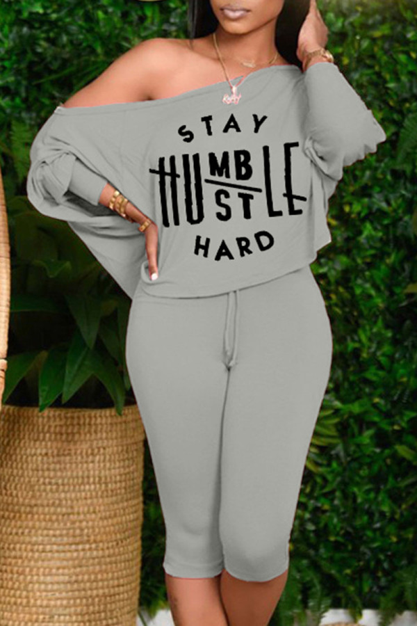 Grey Sexy Print Letter One Shoulder Plus Size Two Pieces