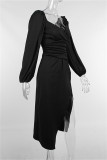 Black Fashion Sexy Solid Slit V Neck Long Sleeve Dresses
