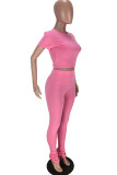 Pink Fashion Casual Solid Basic O Neck Short Sleeve Two Pieces