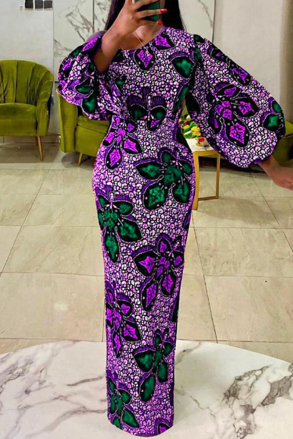 Purple Green Fashion Print Basic O Neck Lantern Sleeve Long Sleeves Long Dress