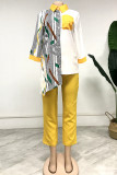 Yellow Fashion Casual Print Patchwork Turndown Collar Long Sleeve Two Pieces