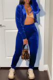 Blue Fashion Casual Solid Basic Zipper Collar Long Sleeve Two Pieces