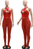 Red Sexy Solid Hollowed Out Patchwork Backless Halter Sleeveless Two Pieces