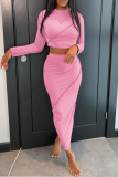 Pink Sexy Solid Patchwork O Neck Nine Points Sleeve Two Pieces