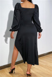 Black Fashion Sexy Solid Slit V Neck Long Sleeve Dresses