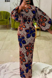 Blue Orange Fashion Print Basic O Neck Lantern Sleeve Long Sleeves Long Dress