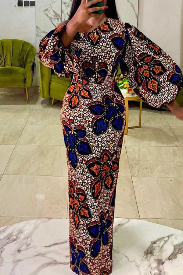 Blue Orange Fashion Print Basic O Neck Lantern Sleeve Long Sleeves Long Dress
