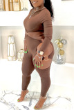 Coffee Sexy Casual Solid Hollowed Out O Neck Skinny Jumpsuits