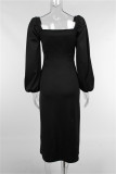 Black Fashion Sexy Solid Slit V Neck Long Sleeve Dresses