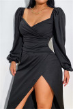 Black Fashion Sexy Solid Slit V Neck Long Sleeve Dresses