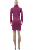 Apricot Fashion Casual Solid Hollowed Out Turtleneck Long Sleeve Dresses