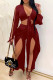 Burgundy Solid Bandage Patchwork Asymmetrical V Neck Long Sleeve Two Pieces