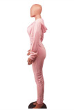 Pink Fashion Casual Solid Bandage Zipper Hooded Collar Skinny Jumpsuits