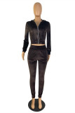 Blue Fashion Casual Solid Basic Zipper Collar Long Sleeve Two Pieces