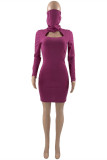 Apricot Fashion Casual Solid Hollowed Out Turtleneck Long Sleeve Dresses