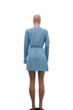 Light Blue Fashion Casual Solid Hollowed Out V Neck Long Sleeve Dresses