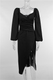 Black Fashion Sexy Solid Slit V Neck Long Sleeve Dresses