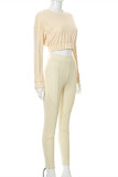 Apricot Fashion Casual Solid Patchwork O Neck Long Sleeve Two Pieces