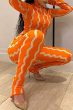 Orange Fashion Casual Striped Print Basic Turtleneck Long Sleeve Two Pieces