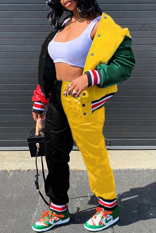 Green Yellow Fashion Casual Patchwork Cardigan Pants Long Sleeve Two Pieces
