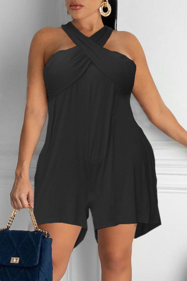Black Casual Solid Patchwork Halter Loose Rompers