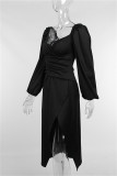 Black Fashion Sexy Solid Slit V Neck Long Sleeve Dresses