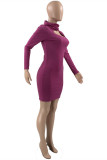 Apricot Fashion Casual Solid Hollowed Out Turtleneck Long Sleeve Dresses