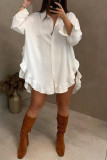 White Fashion Casual Solid Asymmetrical Turndown Collar Shirt Dress