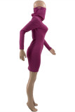Apricot Fashion Casual Solid Hollowed Out Turtleneck Long Sleeve Dresses