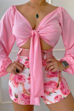Pink Sexy Casual Print Bandage V Neck Long Sleeve Two Pieces (Without belt)