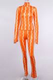 Orange Fashion Casual Striped Print Basic Turtleneck Long Sleeve Two Pieces