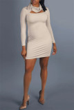 Apricot Fashion Casual Solid Hollowed Out Turtleneck Long Sleeve Dresses