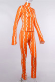 Orange Fashion Casual Striped Print Basic Turtleneck Long Sleeve Two Pieces
