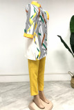 Yellow Fashion Casual Print Patchwork Turndown Collar Long Sleeve Two Pieces