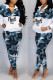 Blue Casual Print Patchwork Zipper Collar Long Sleeve Two Pieces