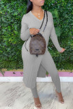 Grey Fashion Casual Solid Slit V Neck Long Sleeve Two Pieces
