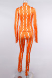 Orange Fashion Casual Striped Print Basic Turtleneck Long Sleeve Two Pieces