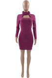 Apricot Fashion Casual Solid Hollowed Out Turtleneck Long Sleeve Dresses