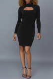 Apricot Fashion Casual Solid Hollowed Out Turtleneck Long Sleeve Dresses