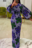 Turquoise Fashion Print Basic O Neck Lantern Sleeve Long Sleeves Long Dress