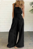 Black Casual Solid Buckle Square Collar Regular Jumpsuits