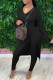 Black Fashion Casual Solid Slit V Neck Long Sleeve Two Pieces