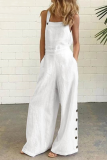 White Casual Solid Buckle Square Collar Regular Jumpsuits