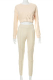 Apricot Fashion Casual Solid Patchwork O Neck Long Sleeve Two Pieces