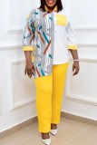 Yellow Fashion Casual Print Patchwork Turndown Collar Long Sleeve Two Pieces