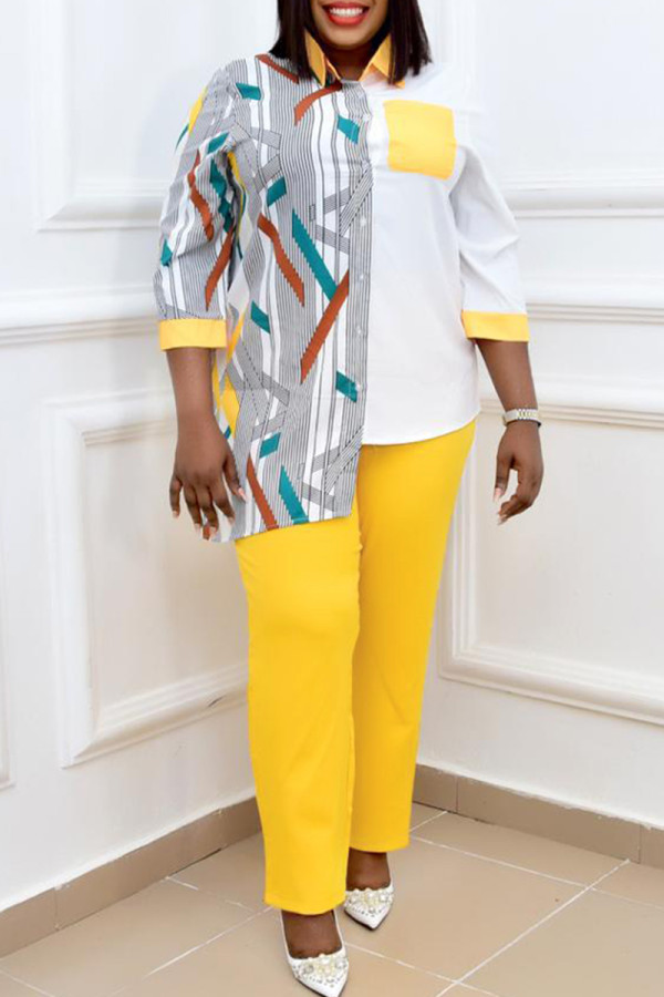 Yellow Fashion Casual Print Patchwork Turndown Collar Long Sleeve Two Pieces