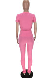 Pink Fashion Casual Solid Basic O Neck Short Sleeve Two Pieces