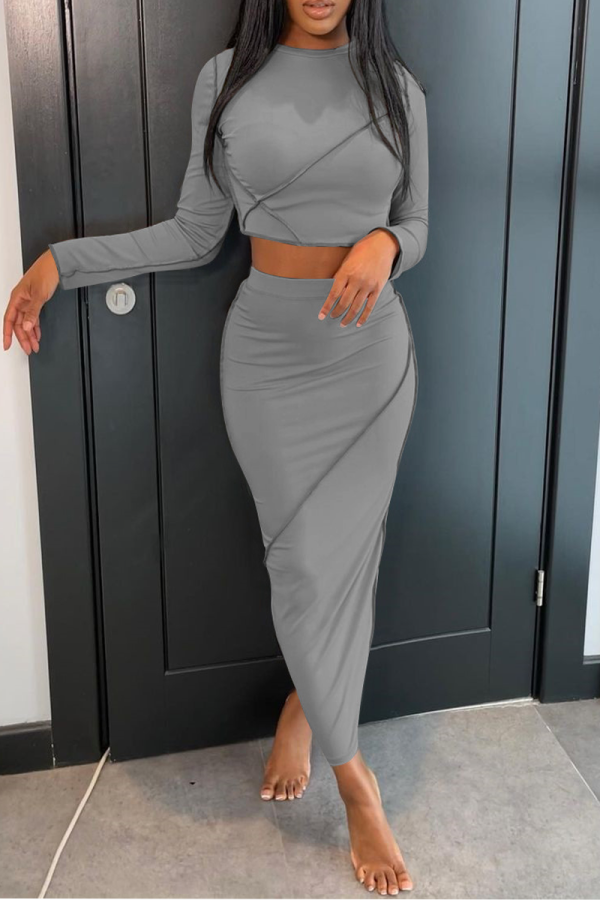 Grey Sexy Solid Patchwork O Neck Nine Points Sleeve Two Pieces